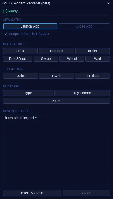 The OculiX Modern Recorder modal with sections for Application (Launch App / Close App), Image actions (Click, DblClick, RClick, Drag&Drop, Swipe, Wheel, Wait), Text actions (T.Click, T.Wait, T.Exists), Keyboard (Type, Key Combo, Pause), a Generated Code preview, and Insert & Close / Clear buttons.