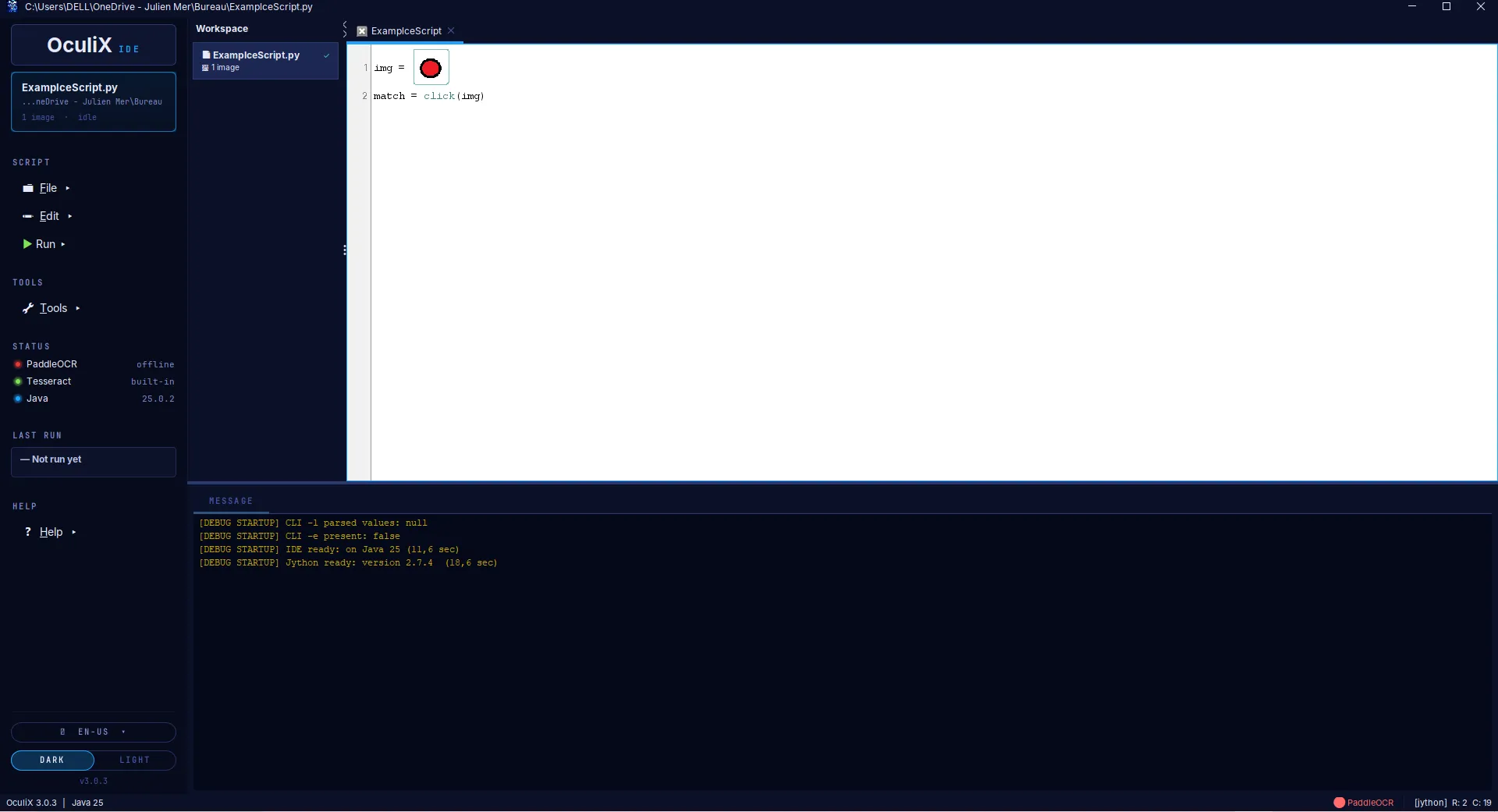 OculiX IDE showing ExampleScript.py with two lines — img = (thumbnail of a red circle) and match = click(img). The image is rendered inline in the code.