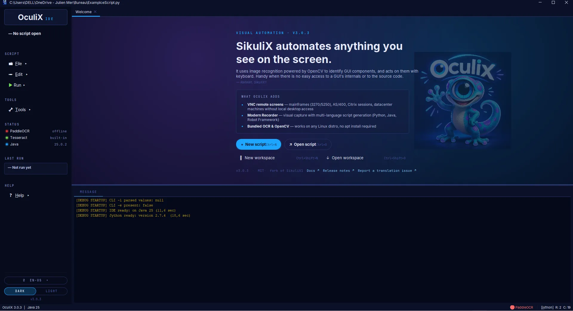 The full OculiX IDE on first launch — left sidebar with workspace and Script/Tools/Status/Last run/Help groups, Welcome tab in the center with the SikuliX quote and 'What OculiX adds' panel, bottom Message console, theme switcher